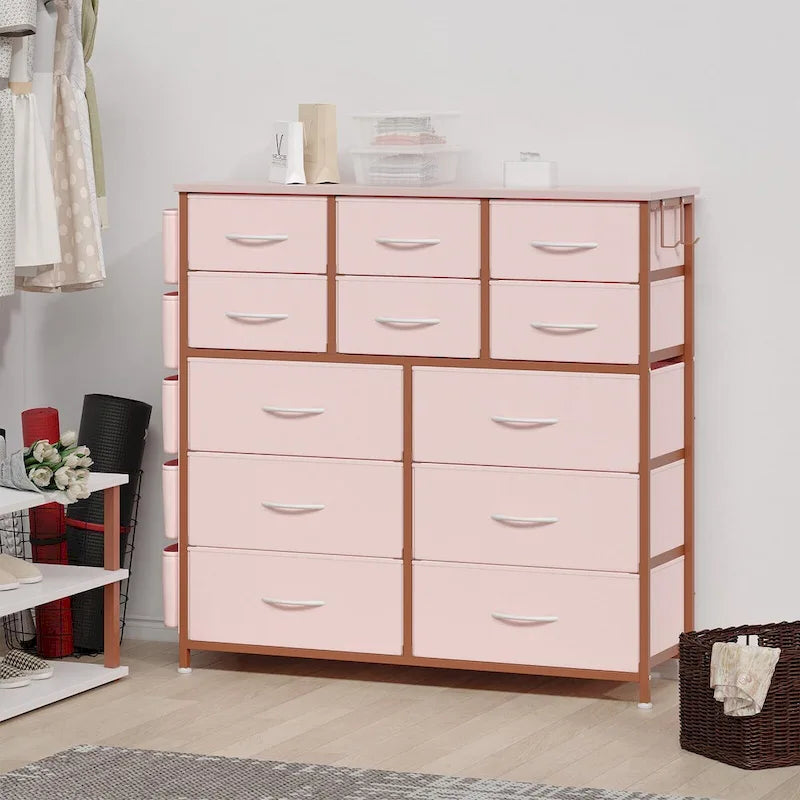 Comò in Tessuto a 12 Cassetti con Tasche Laterali e Ganci – Rosa / Nero / Grigio / Marrone