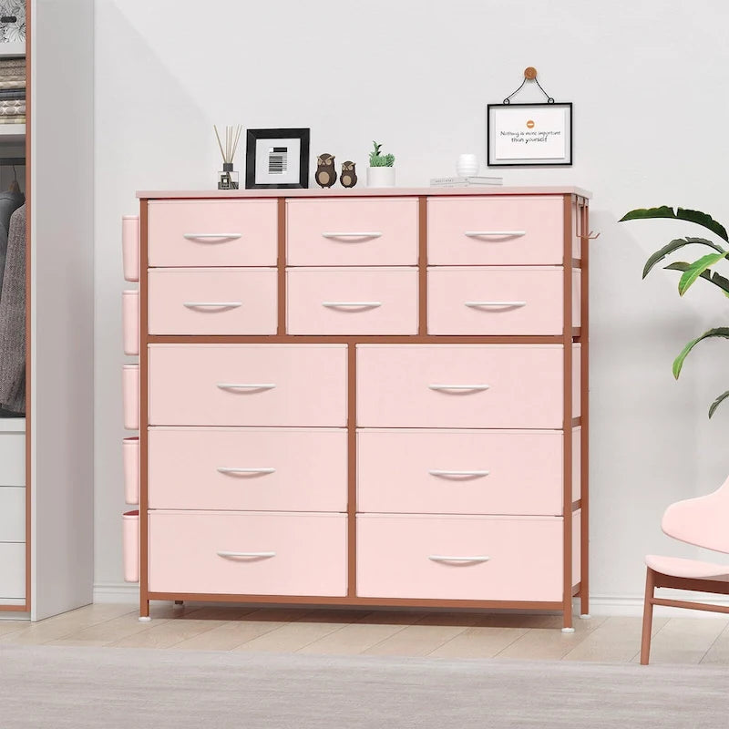Comò in Tessuto a 12 Cassetti con Tasche Laterali e Ganci – Rosa / Nero / Grigio / Marrone