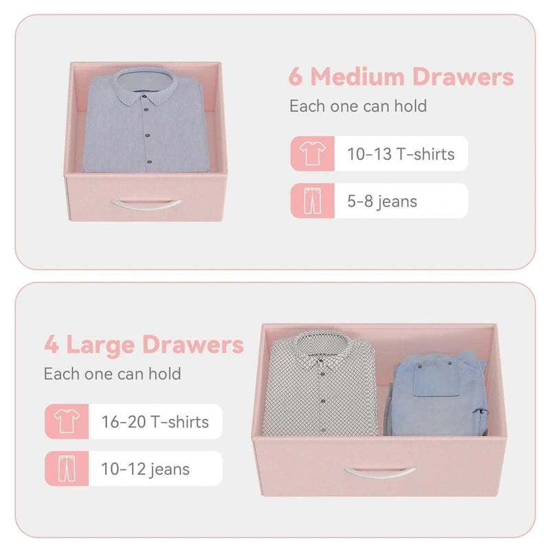 Comò in Tessuto a 12 Cassetti con Tasche Laterali e Ganci – Rosa / Nero / Grigio / Marrone