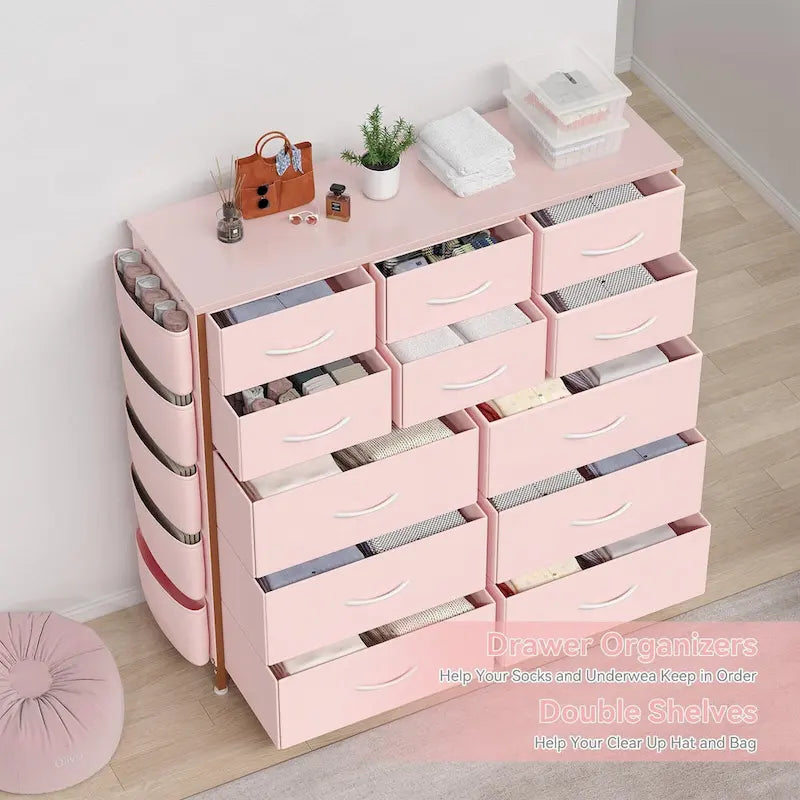 Comò in Tessuto a 12 Cassetti con Tasche Laterali e Ganci – Rosa / Nero / Grigio / Marrone