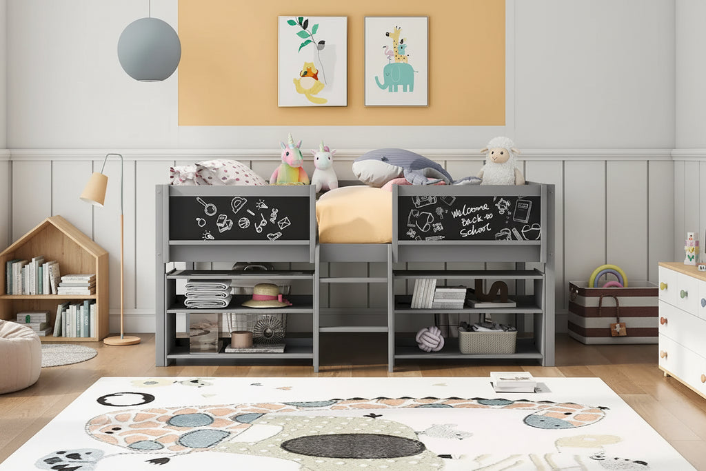 Twin Size Low Loft Bed with 2 Movable Shelves and Ladder & Chalkboard