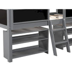 Letto a soppalco basso per una persona, bianco/grigio, con ripiani, scala e lavagna
