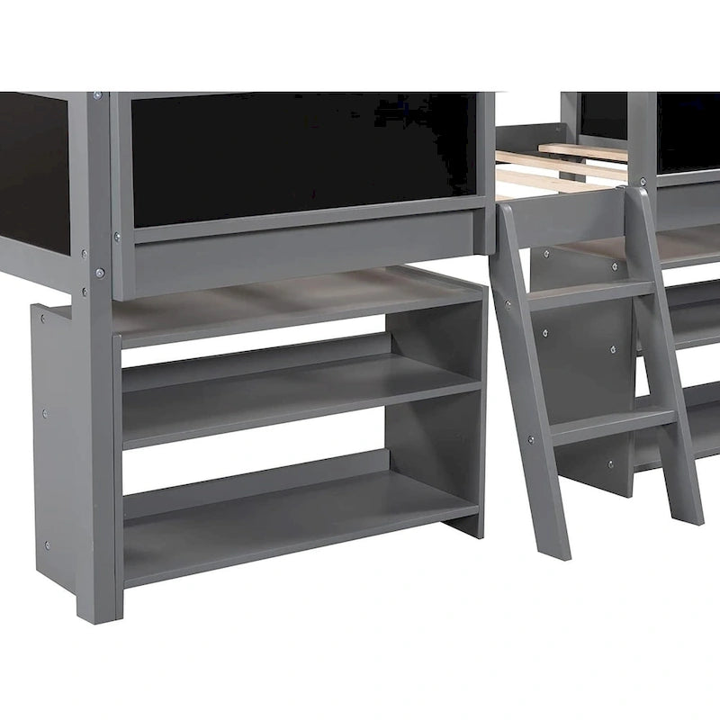Letto a soppalco basso per una persona, bianco/grigio, con ripiani, scala e lavagna