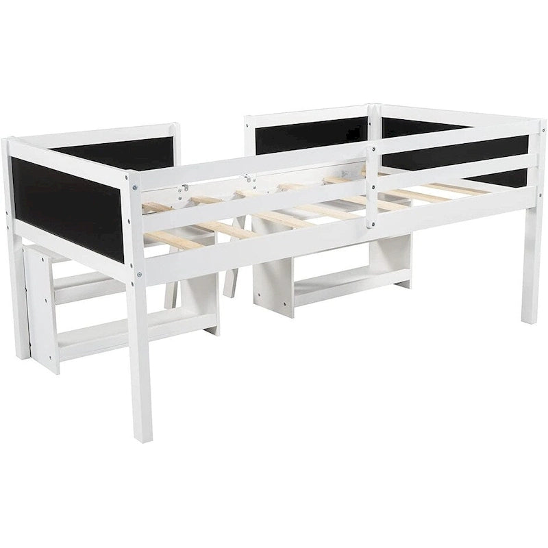 Letto a soppalco basso per una persona, bianco/grigio, con ripiani, scala e lavagna
