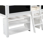 Letto a soppalco basso per una persona, bianco/grigio, con ripiani, scala e lavagna