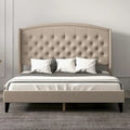 Struttura Letto Imbottita in Velluto con Testiera ad Ali, Misura Matrimoniale, Beige / Grigio / Nero, Adatto per 1–2 Persone