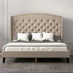 Struttura Letto Imbottita in Velluto con Testiera ad Ali, Misura Matrimoniale, Beige / Grigio / Nero, Adatto per 1–2 Persone