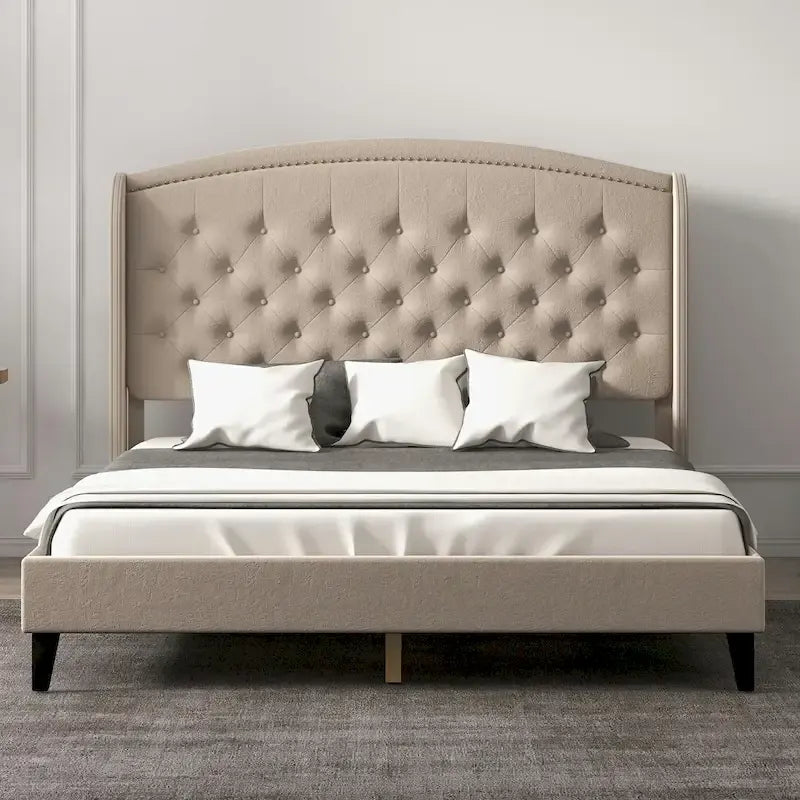 Struttura Letto Imbottita in Velluto con Testiera ad Ali, Misura Matrimoniale, Beige / Grigio / Nero, Adatto per 1–2 Persone