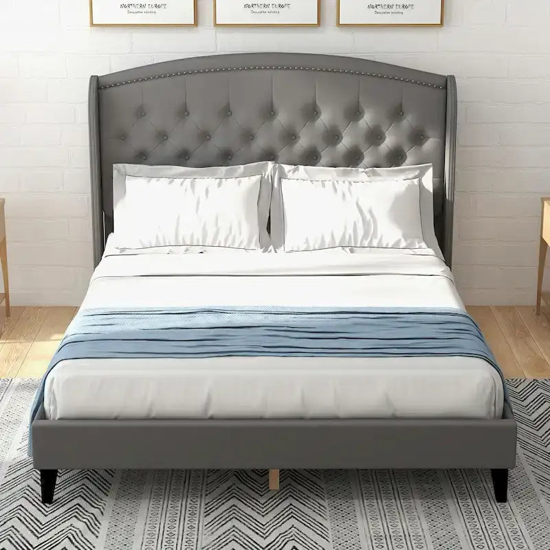 Struttura Letto Imbottita in Velluto con Testiera ad Ali, Misura Matrimoniale, Beige / Grigio / Nero, Adatto per 1–2 Persone