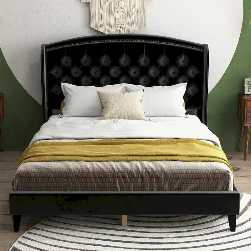 Struttura Letto Imbottita in Velluto con Testiera ad Ali, Misura Matrimoniale, Beige / Grigio / Nero, Adatto per 1–2 Persone