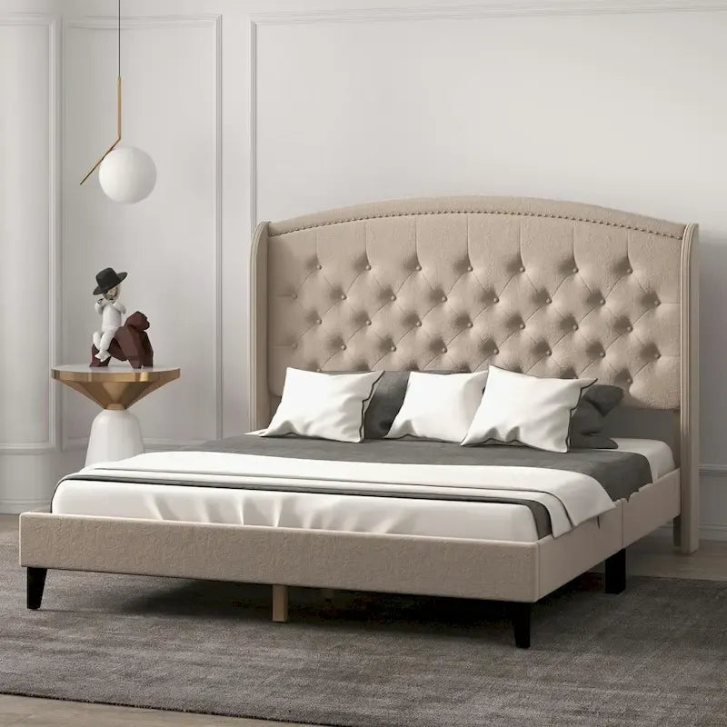 Struttura Letto Imbottita in Velluto con Testiera ad Ali, Misura Matrimoniale, Beige / Grigio / Nero, Adatto per 1–2 Persone