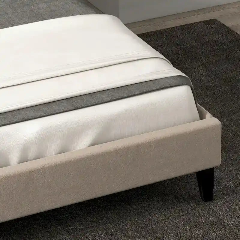 Struttura Letto Imbottita in Velluto con Testiera ad Ali, Misura Matrimoniale, Beige / Grigio / Nero, Adatto per 1–2 Persone