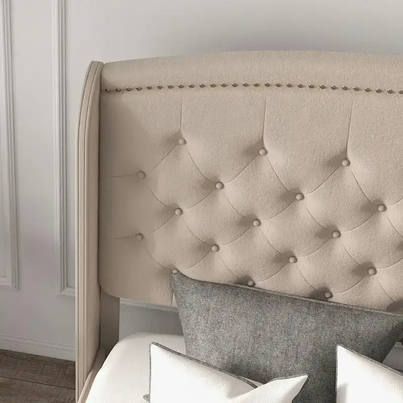 Struttura Letto Imbottita in Velluto con Testiera ad Ali, Misura Matrimoniale, Beige / Grigio / Nero, Adatto per 1–2 Persone