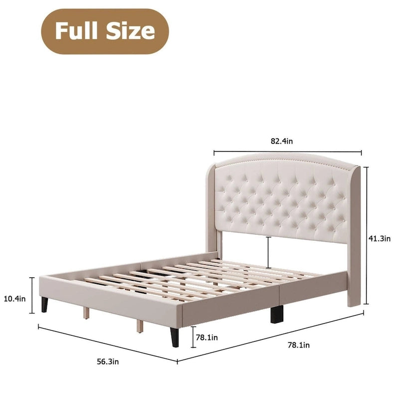 Struttura Letto Imbottita in Velluto con Testiera ad Ali, Misura Matrimoniale, Beige / Grigio / Nero, Adatto per 1–2 Persone