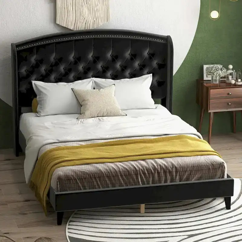Struttura Letto Imbottita in Velluto con Testiera ad Ali, Misura Matrimoniale, Beige / Grigio / Nero, Adatto per 1–2 Persone