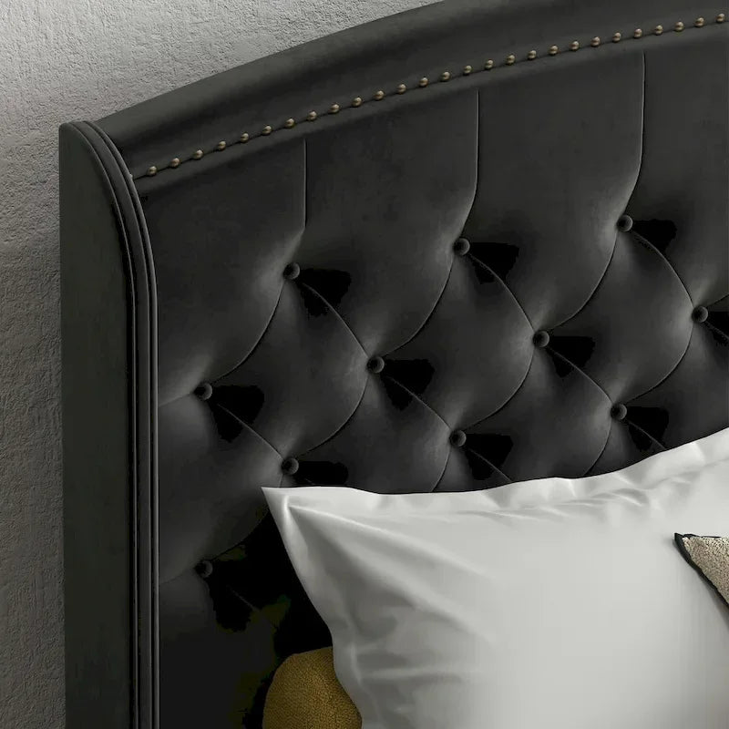 Struttura Letto Imbottita in Velluto con Testiera ad Ali, Misura Matrimoniale, Beige / Grigio / Nero, Adatto per 1–2 Persone