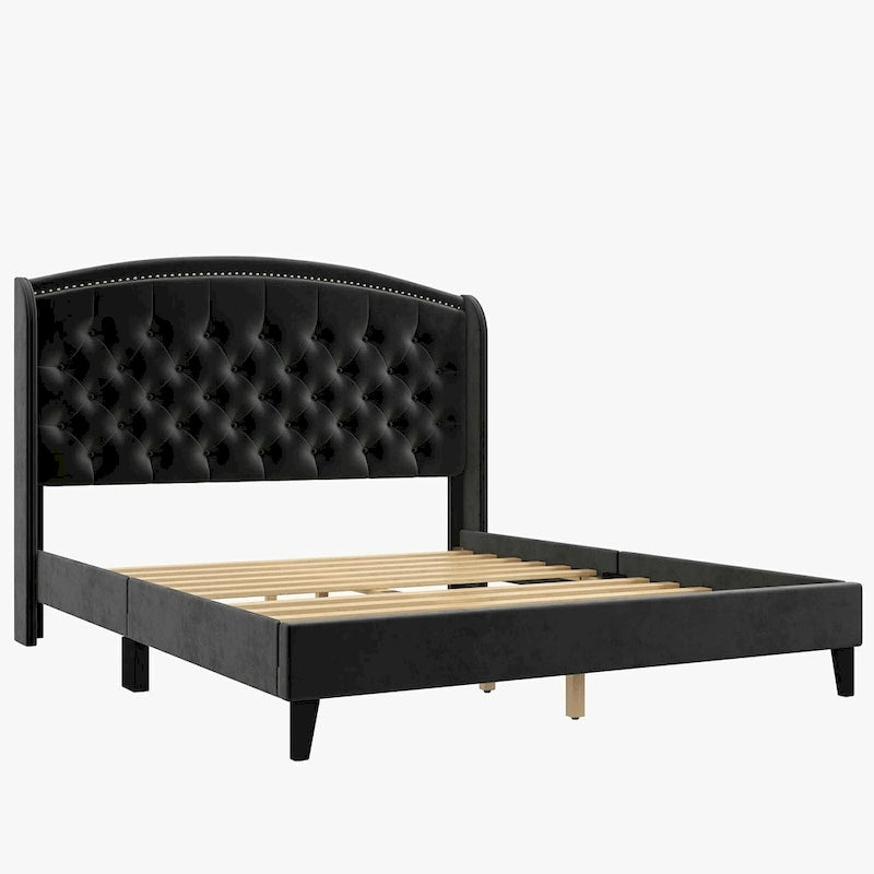 Struttura Letto Imbottita in Velluto con Testiera ad Ali, Misura Matrimoniale, Beige / Grigio / Nero, Adatto per 1–2 Persone