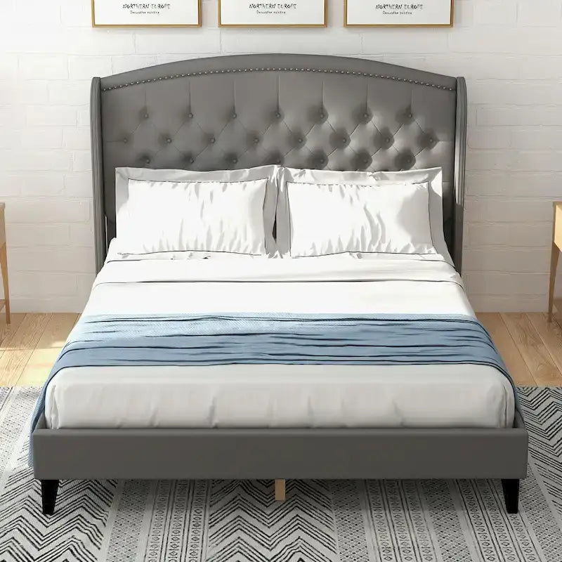 Struttura Letto Imbottita in Velluto con Testiera ad Ali, Misura Matrimoniale, Beige / Grigio / Nero, Adatto per 1–2 Persone