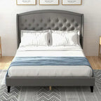 Struttura Letto Imbottita in Velluto con Testiera ad Ali, Misura Matrimoniale, Beige / Grigio / Nero, Adatto per 1–2 Persone
