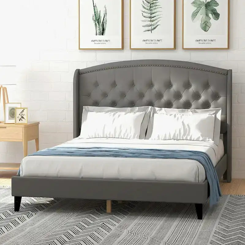 Struttura Letto Imbottita in Velluto con Testiera ad Ali, Misura Matrimoniale, Beige / Grigio / Nero, Adatto per 1–2 Persone
