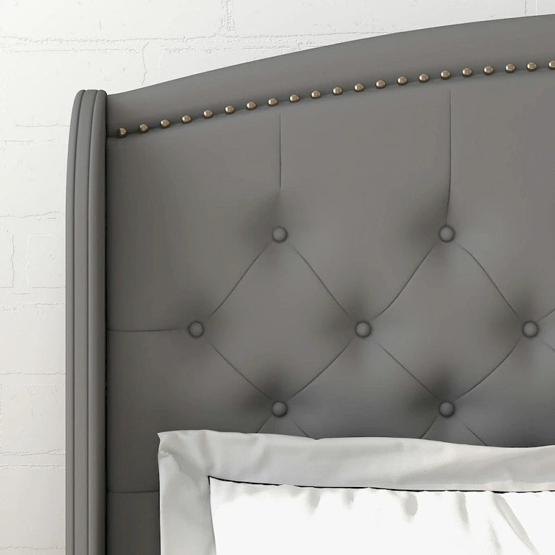 Struttura Letto Imbottita in Velluto con Testiera ad Ali, Misura Matrimoniale, Beige / Grigio / Nero, Adatto per 1–2 Persone
