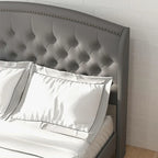 Struttura Letto Imbottita in Velluto con Testiera ad Ali, Misura Matrimoniale, Beige / Grigio / Nero, Adatto per 1–2 Persone