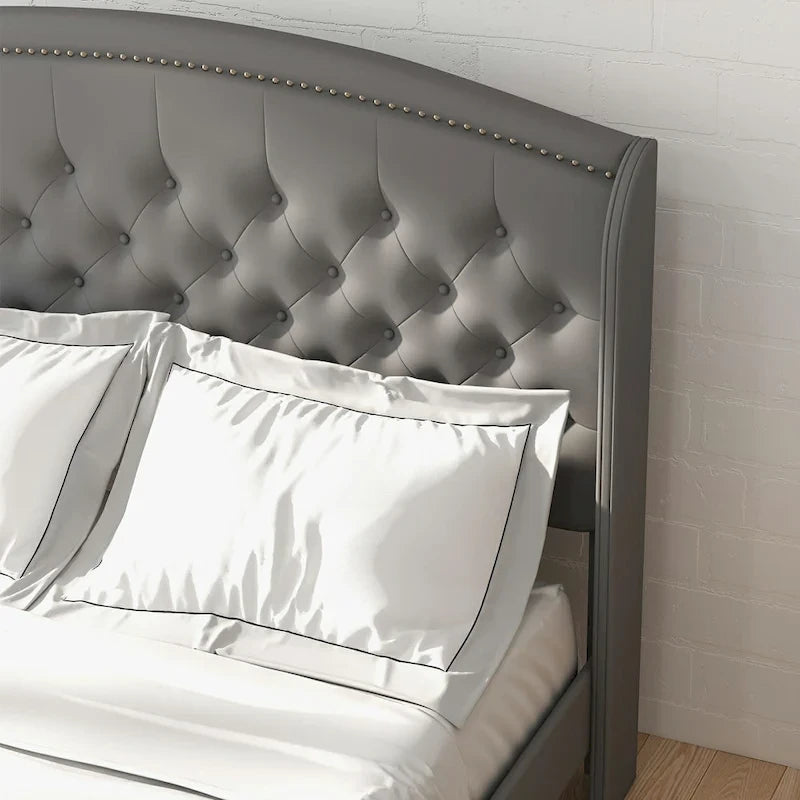 Struttura Letto Imbottita in Velluto con Testiera ad Ali, Misura Matrimoniale, Beige / Grigio / Nero, Adatto per 1–2 Persone