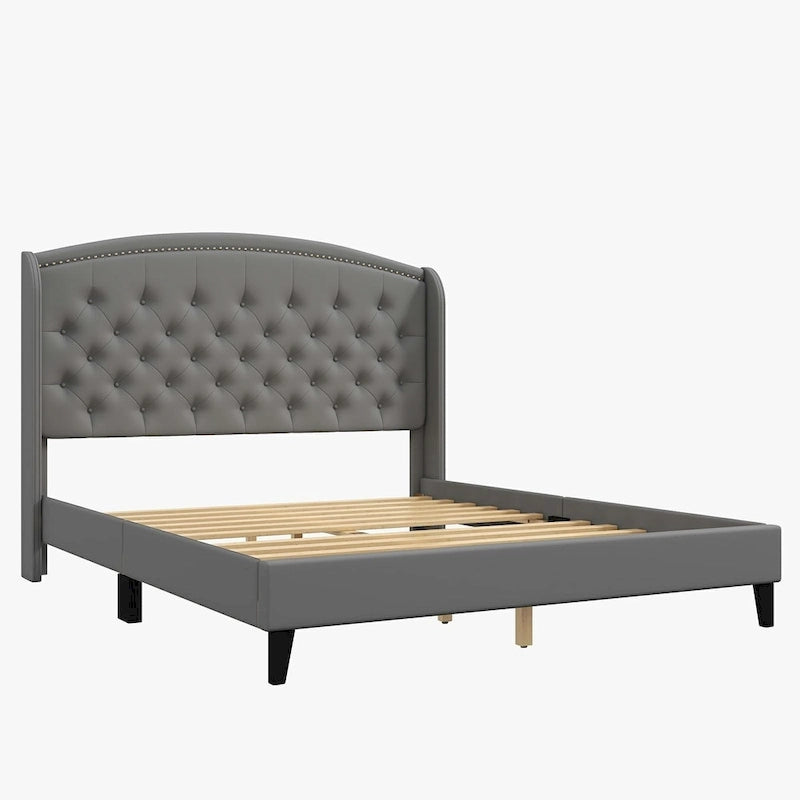 Struttura Letto Imbottita in Velluto con Testiera ad Ali, Misura Matrimoniale, Beige / Grigio / Nero, Adatto per 1–2 Persone