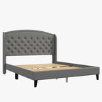 Struttura Letto Imbottita in Velluto con Testiera ad Ali, Misura Matrimoniale, Beige / Grigio / Nero, Adatto per 1–2 Persone