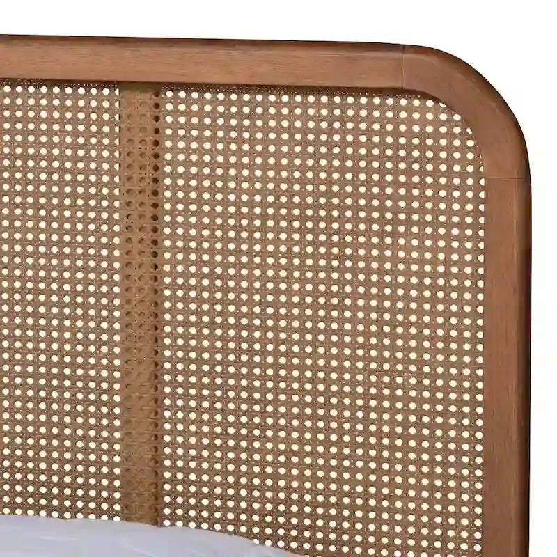 Letto a piattaforma in noce frassino con testiera in rattan, stile Mid-Century, matrimoniale/queen/king