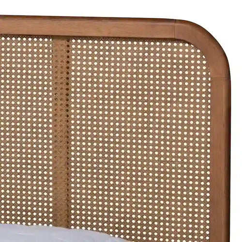 Letto a piattaforma in noce frassino con testiera in rattan, stile Mid-Century, matrimoniale/queen/king