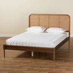 Letto a piattaforma in noce frassino con testiera in rattan, stile Mid-Century, matrimoniale/queen/king