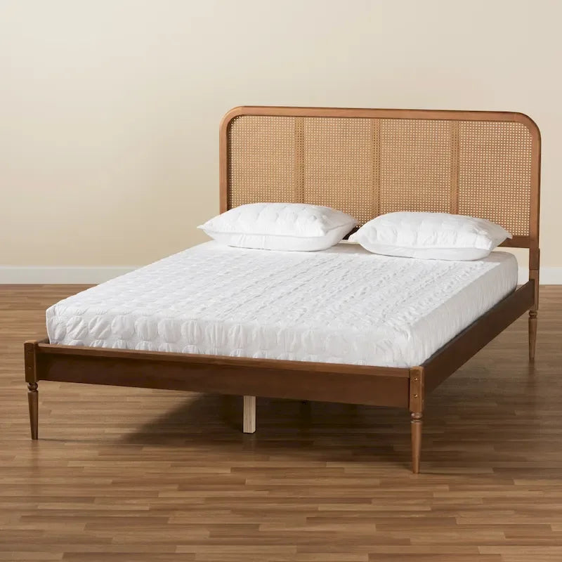 Letto a piattaforma in noce frassino con testiera in rattan, stile Mid-Century, matrimoniale/queen/king