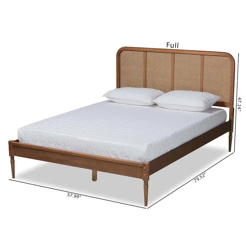 Letto a piattaforma in noce frassino con testiera in rattan, stile Mid-Century, matrimoniale/queen/king