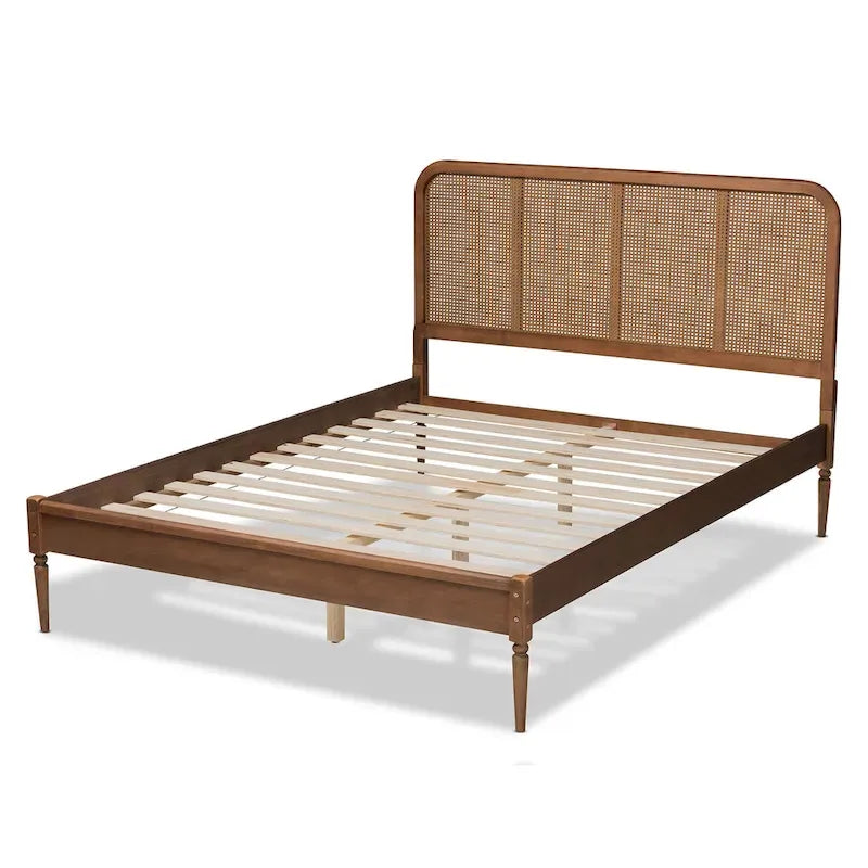 Letto a piattaforma in noce frassino con testiera in rattan, stile Mid-Century, matrimoniale/queen/king