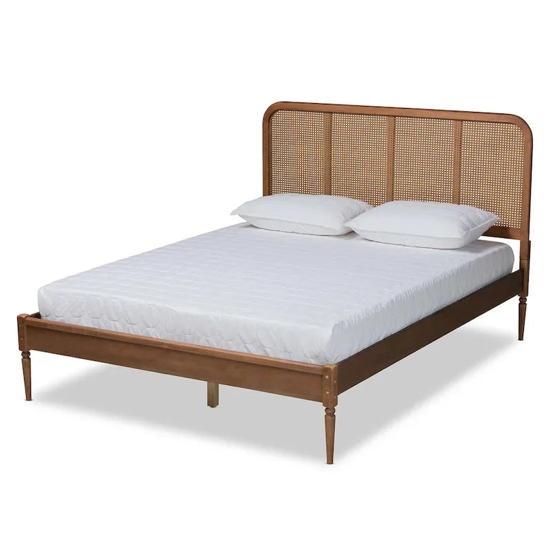 Letto a piattaforma in noce frassino con testiera in rattan, stile Mid-Century, matrimoniale/queen/king
