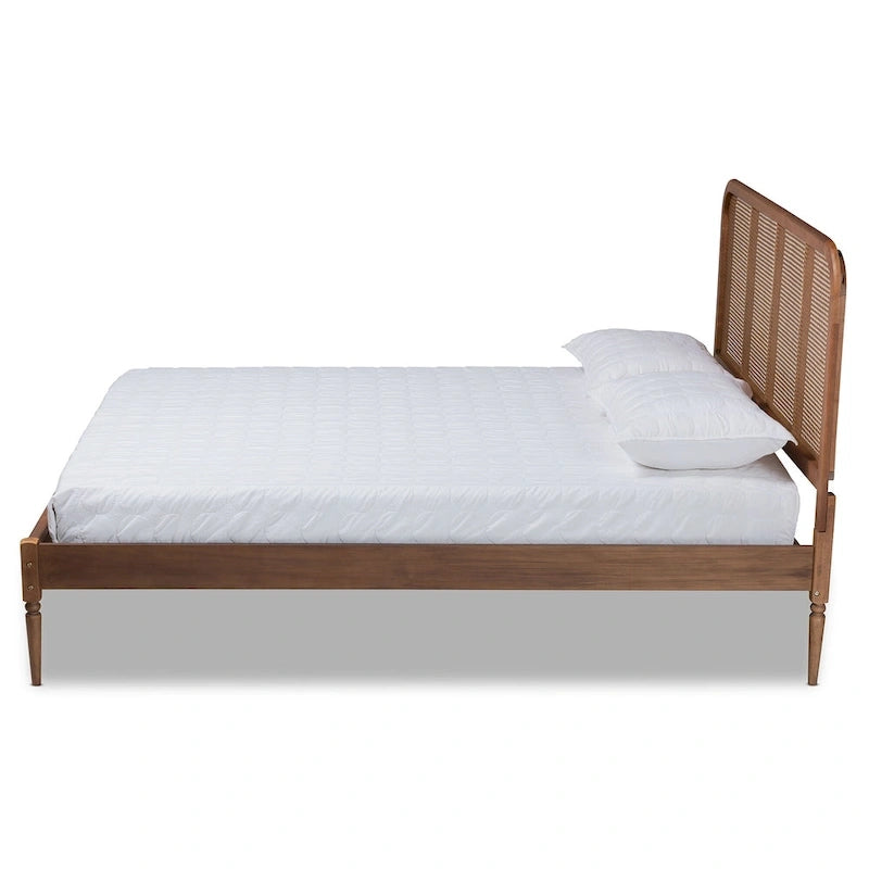 Letto a piattaforma in noce frassino con testiera in rattan, stile Mid-Century, matrimoniale/queen/king