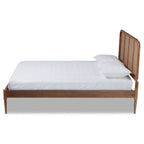 Letto a piattaforma in noce frassino con testiera in rattan, stile Mid-Century, matrimoniale/queen/king