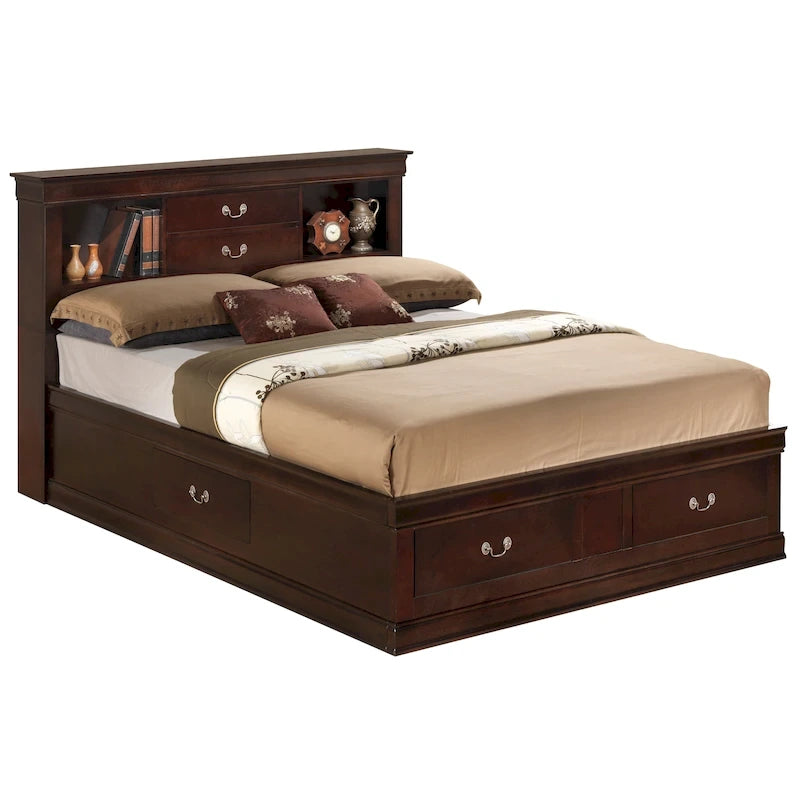 Letto contenitore Black / Cherry / Grey / Cappuccino con testiera libreria – Una piazza / Una piazza e mezza / Matrimoniale / King, 1-2 Persone