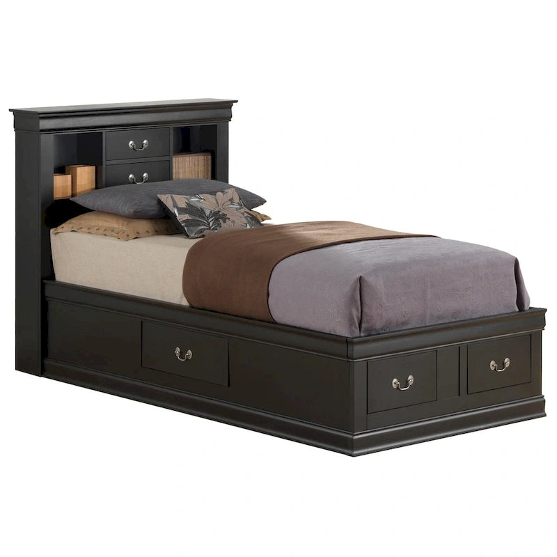 Letto contenitore Black / Cherry / Grey / Cappuccino con testiera libreria – Una piazza / Una piazza e mezza / Matrimoniale / King, 1-2 Persone