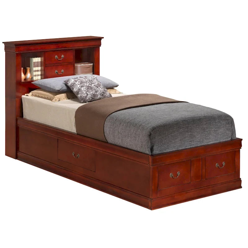 Letto contenitore Black / Cherry / Grey / Cappuccino con testiera libreria – Una piazza / Una piazza e mezza / Matrimoniale / King, 1-2 Persone