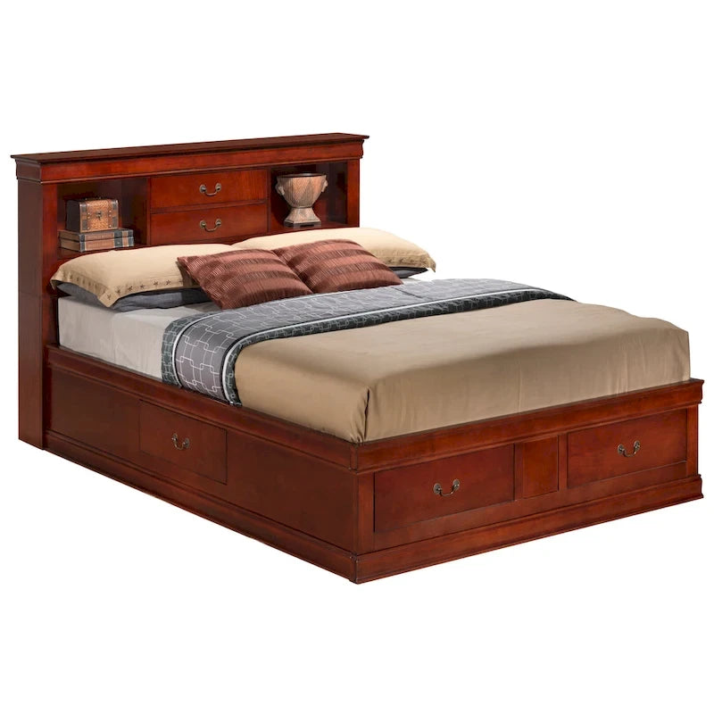 Letto contenitore Black / Cherry / Grey / Cappuccino con testiera libreria – Una piazza / Una piazza e mezza / Matrimoniale / King, 1-2 Persone