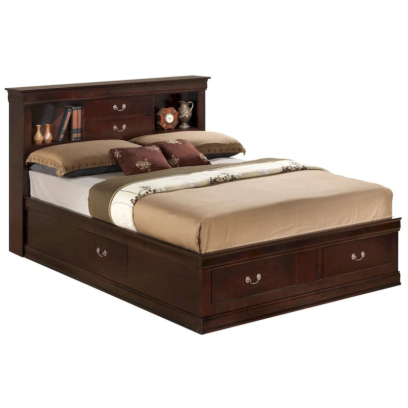 Letto contenitore Black / Cherry / Grey / Cappuccino con testiera libreria – Una piazza / Una piazza e mezza / Matrimoniale / King, 1-2 Persone