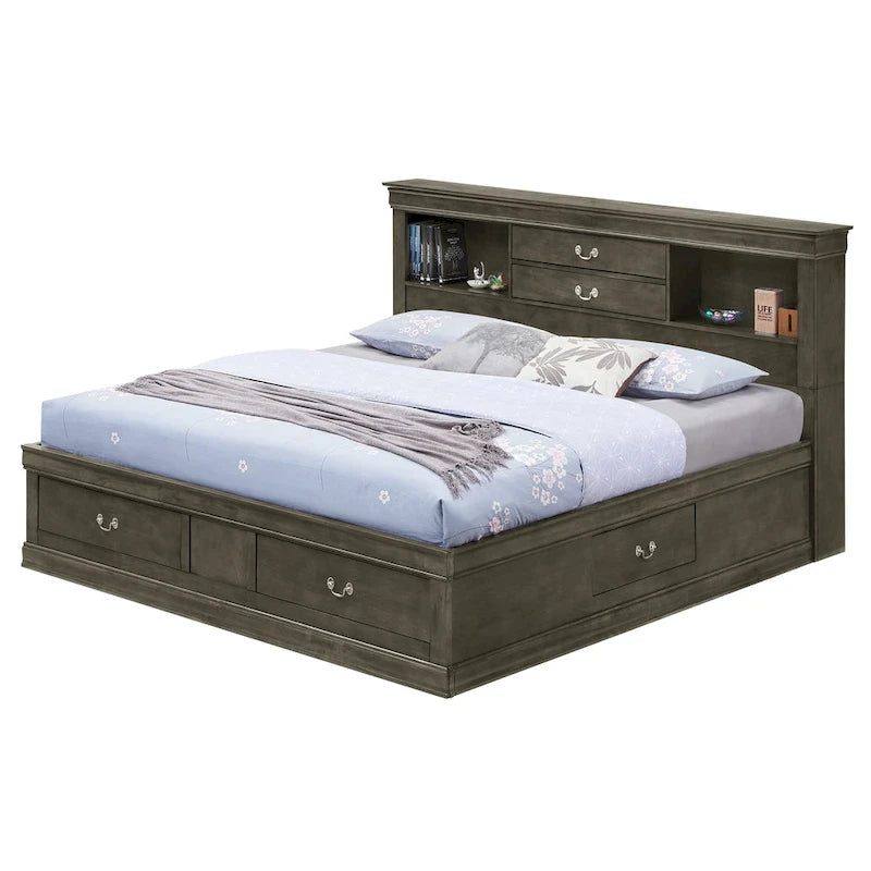 Letto contenitore Black / Cherry / Grey / Cappuccino con testiera libreria – Una piazza / Una piazza e mezza / Matrimoniale / King, 1-2 Persone