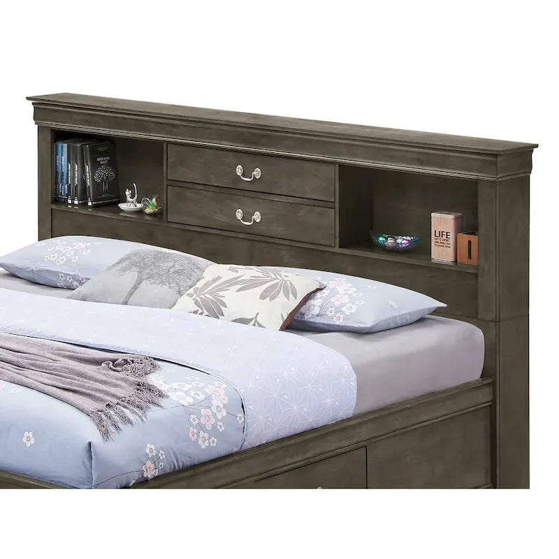 Letto contenitore Black / Cherry / Grey / Cappuccino con testiera libreria – Una piazza / Una piazza e mezza / Matrimoniale / King, 1-2 Persone