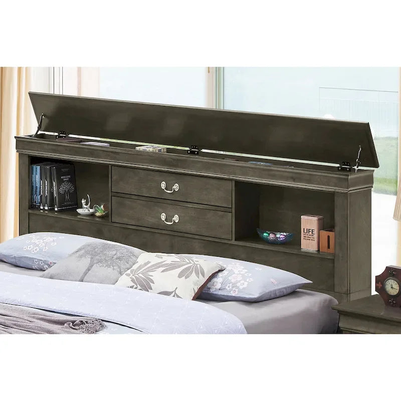Letto contenitore Black / Cherry / Grey / Cappuccino con testiera libreria – Una piazza / Una piazza e mezza / Matrimoniale / King, 1-2 Persone