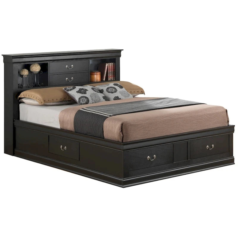 Letto contenitore Black / Cherry / Grey / Cappuccino con testiera libreria – Una piazza / Una piazza e mezza / Matrimoniale / King, 1-2 Persone