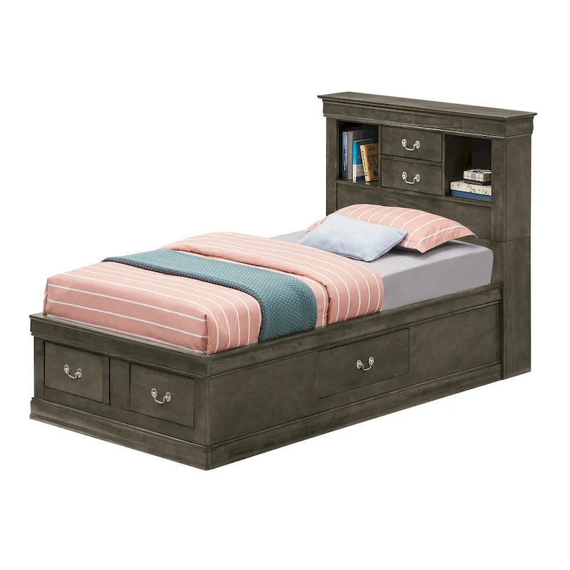 Letto contenitore Black / Cherry / Grey / Cappuccino con testiera libreria – Una piazza / Una piazza e mezza / Matrimoniale / King, 1-2 Persone