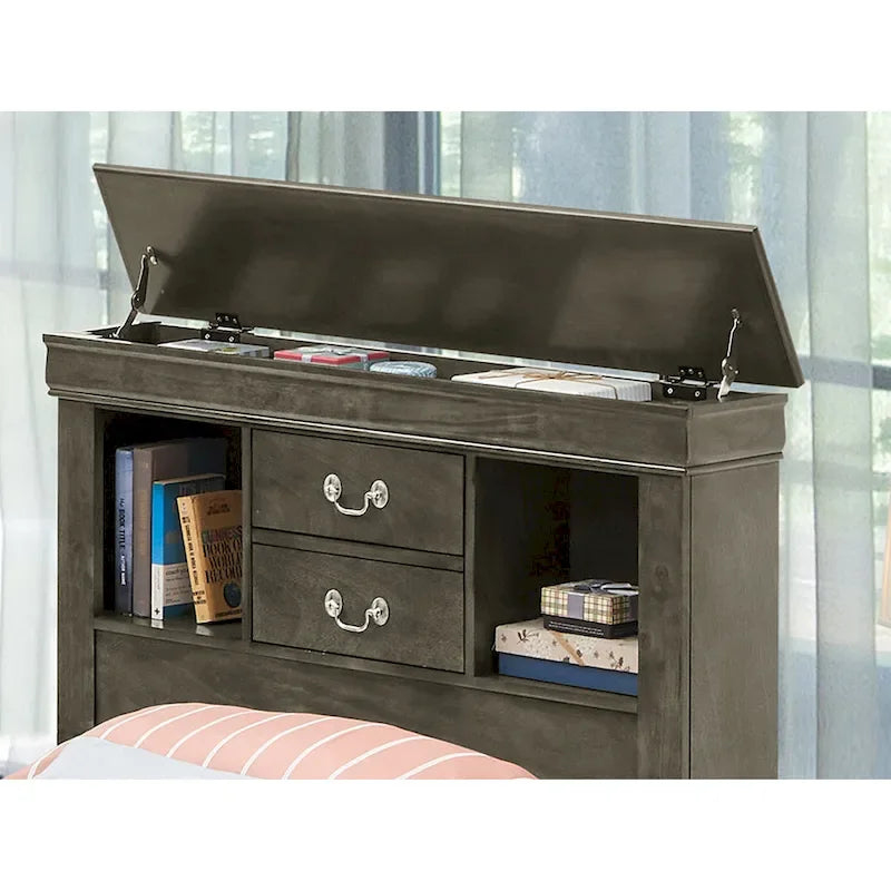 Letto contenitore Black / Cherry / Grey / Cappuccino con testiera libreria – Una piazza / Una piazza e mezza / Matrimoniale / King, 1-2 Persone
