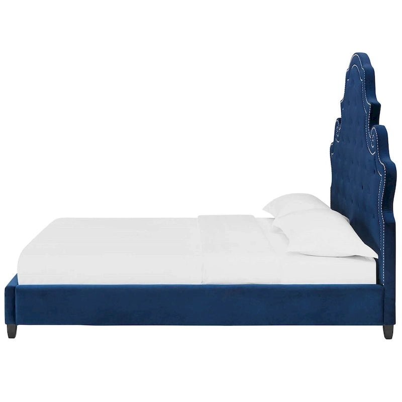 Letto matrimoniale in velluto blu con borchie – 2 posti